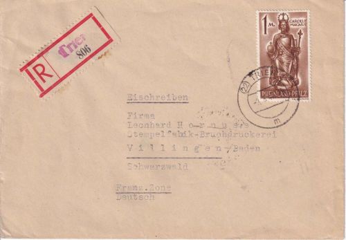 FZ/Rheinl.-Pfalz - 1 M. karl d. Große Einschreibebrief Trier - Villingen 1947