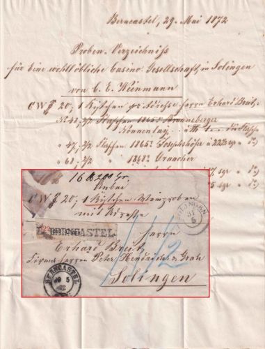 DR - Bernkastel 1872 K2 Paketbegleitbrief (Weinproben) n. Solingen