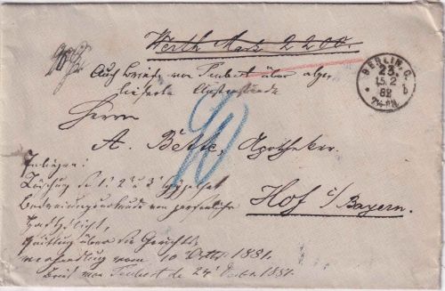 DR/Bayern - Berlin C23 15.2.1883 unfrank. Wertbrief n. Hof