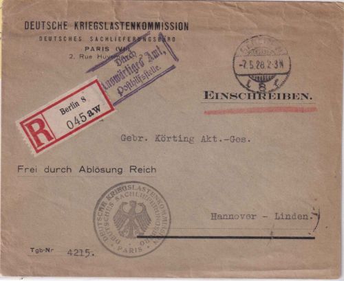 DR - Berlin 8 (Paris !) R-Brief/Frei d. Ablösung n. Hannover Absender ! 1928
