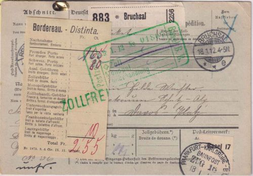 DR - Bruchsal 1912 unfreie (!) Paketkarte i.d. SCHWEIZ (Davos Platz) - selten !