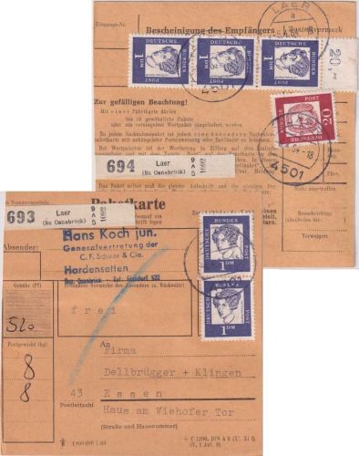 BRD - 1 DM Bed. Deutsche u.a. senkr. 3er-Streifen OBERRAND Paketkarte (2 Pkte.)
