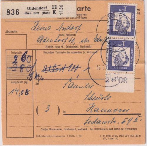 BRD - 1 DM Bed. Deutsche u.a. senkr. Paar OBERRAND Paketkarte Oldendorf ü. Pelze