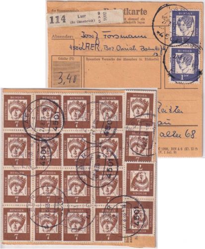 BRD - 20x7 Pfg. Bed. Deutsche u.a. Paketkarte Laer - Dessau 1963