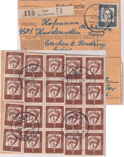 BRD - 20x7 Pfg. Bed. Deutsche u.a. Paketkarte Laer - Rudolstadt 1963