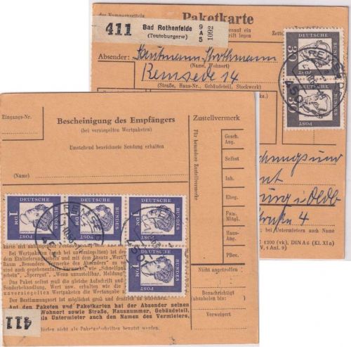 BRD - 30 Pfg. + 1 DM Bed. Deutsche Einheiten ! Paketkarte Bad Rothenfelde 1963