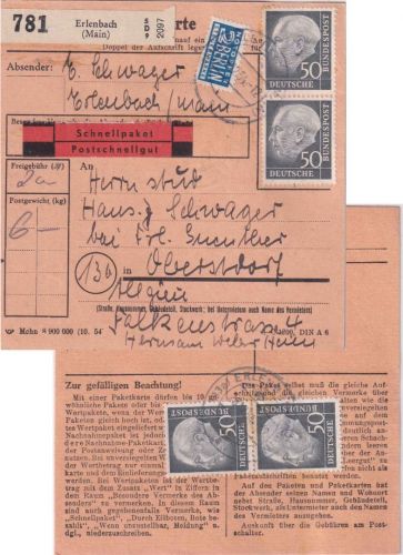 BRD - 4x50 Pfg. Heuss I Schnellpaketkarte Erlenbach - Oberstdorf 1954