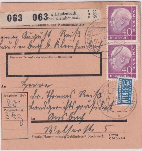 BRD - 2x40 Pfg. Heuss I Paketkarte Laudenbach b. Kleinheubach 1955