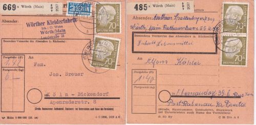 BRD -70 Pfg. Heuss I 2 Paketkarten 1x mit/1x ohne Notopfer Wörth a/M. 1954/55