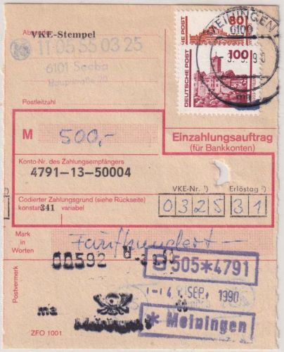 DDR/VGO - 100+60 Pfg. Bauwerke Einzahlungsauftrag Meiningen 3.9.90