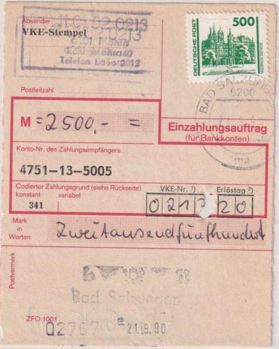 DDR/VGO - 500 Pfg. Bauwerke Einzahlungsmeldung Bad Salzungen 21.9.90