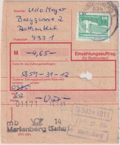 DDR - 10 Pfg. Aufbau/klein Einzahlungsauftrag Marienberg 13.7.89