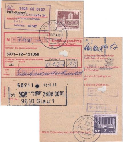 DDR - 70+40 Pfg. Aufbau/Kleinformat u.a. Einzahlungsauftrag Glauchau 16.10.89