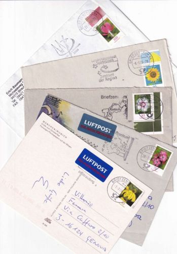 BRD - Freimarken Blumen 5 Einzelfrankaturen (2x Inland/3x n. Italien) 2005/15