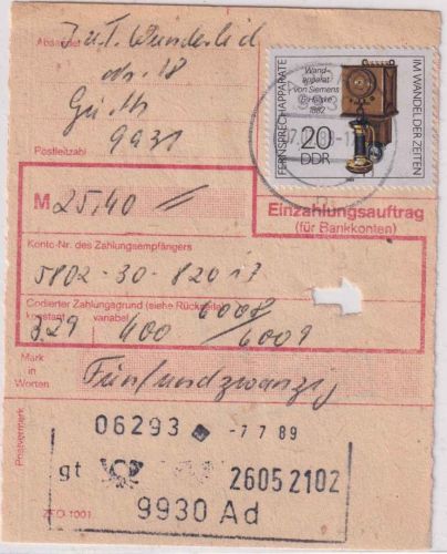DDR - 20 Pfg. Telefon Einzahlungsauftrag Adorf 7.7.89