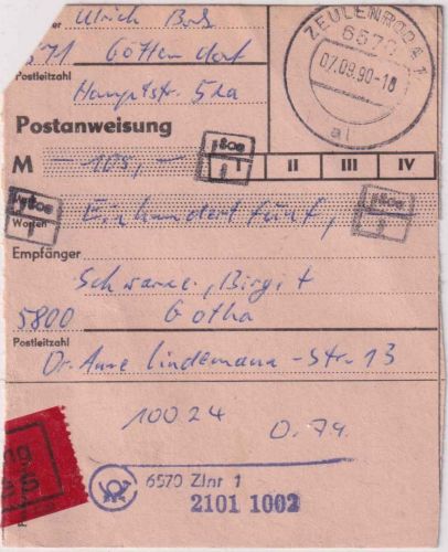 DDR/VGO - Zeulenroda 7.9.90 unfrankierte Eilboten-Postanweisung