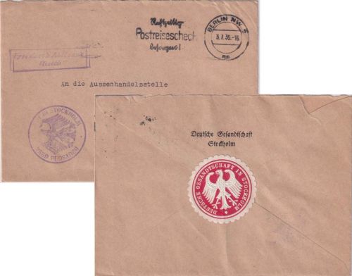 DR - Dt. Gesandtschaft Stockholm Dienstbrief/Frei d. Ablösung ü. Berlin 1935