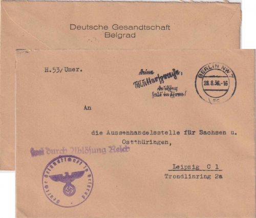 DR - Dt. Gesandtschaft Belgrad Dienstbrief/Frei d. Ablösung ü. Berlin 1936