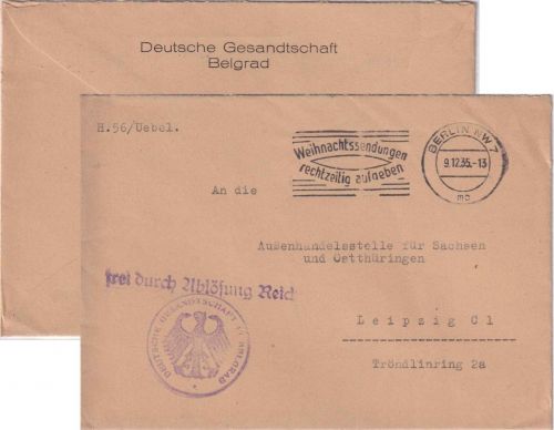 DR - Dt. Gesandtschaft Belgrad Dienstbrief/Frei d. Ablösung ü. Berlin 1935