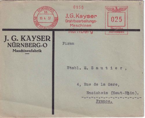 DR - Nürnberg 1937 25 Pfg. AFS "Kayser Maschinen" Brief n. FRANKREICH