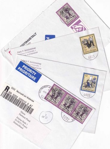 Österreich - Sagen u. Legenden 4 Luftpost Bedarfsbriefe (2xBRD/2xUSA) 1999/2001