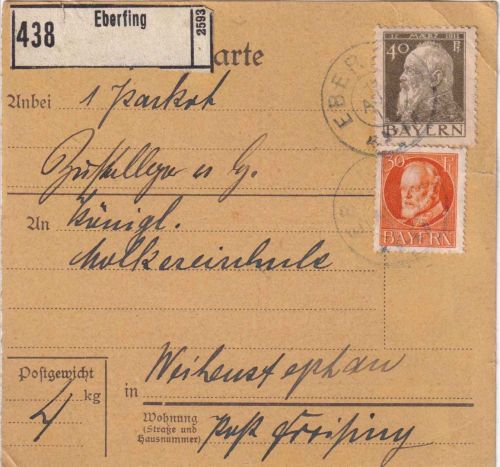 Bayern - 40+30 Pfg. Luitpold/Ludwig Paketkarte Eberfing - Weihenstephan 12.8.17