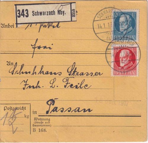 Bayern - 20+10 Pfg. Ludwig Paketkarte Schwarzach i/Nby - Passau 14.1.17