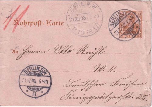 DR - 25 Pfg. Germania Rohrpostganzsache Berlin W10 - 21.12.03