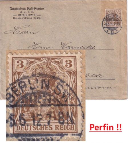 DR - 3 Pfg. Germania Perfin "DKK" Drucksachenbrief Berlin - Heiligenfelde 1912