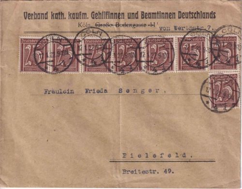 DR-Infla - 8x25 Pfg. Ziffer Wz.1 Firnembrief Cöln - Bielefeld 12.1.22