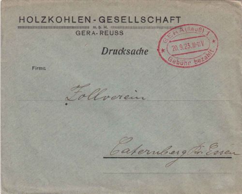DR-Infla - Gera (Reuß) 1 Gebühr bezahlt 20.9.23 Drucksachenbrief n. Katernberg