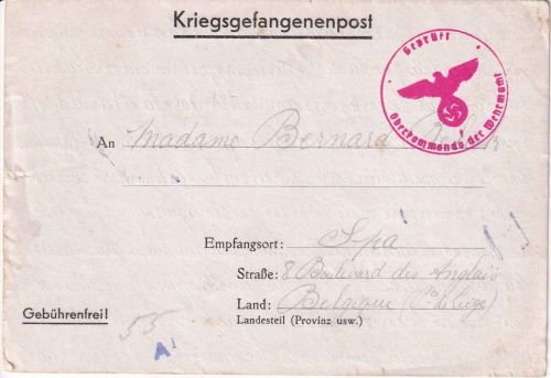 DR - Stalag XA (Schleswig) Kriegsgefangenenbrief n. BELGIEN (Spa) 15.9.40