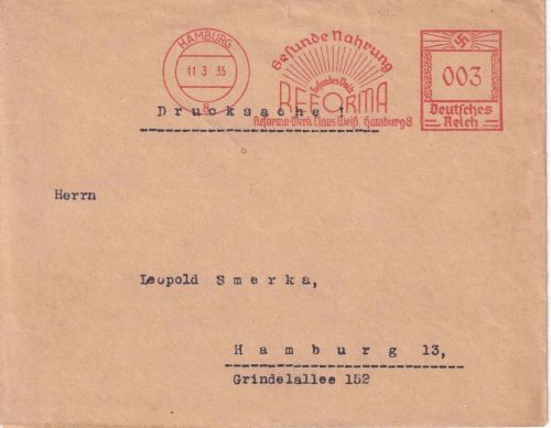 DR - Hamburg 1935 3 Pfg. AFS "Reforma-Werk Claus Weiß" Drucksachen-Ortsbrief