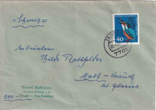 BRD - 40 Pfg. Jugend Eisvogel Brief i.d. SCHWEIZ Tengen - Krauch 1965