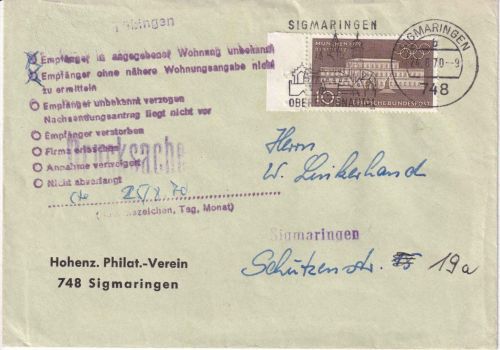 BRD - 10 Pfg. Olympiade II Drucksachenbrief Sigmaringen 1970 Retour-L11 (!)