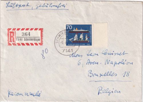 BRD - 70 Pfg. IVA 1965 Lupo-Einschreibebrief n. BELGIEN Schwieberdingen 1965