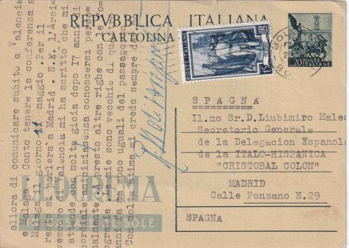 Italien - 20 L. ganzsache+Zusatz/Luftpostkarte n. SPANIEN Bologna - Madrid 1953