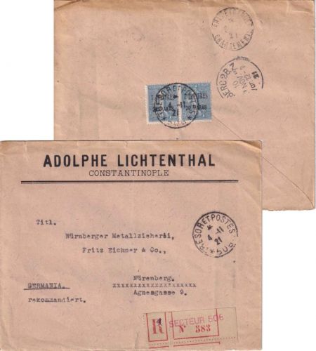 Frankreich/Levante - 7 Pis 20 P. Paar Einschreibebrief Constantinopel 4.11.21