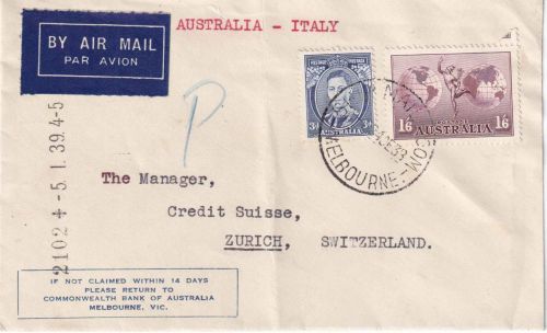 Australien - 1Sh. 6 P. Flugpost u.a. Luftpostbrief i.d. SCHWEIZ via Italien 1938