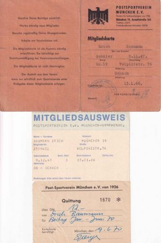 BRD - München Post-Sportverein Mitgliedskarte 1966 u.a.