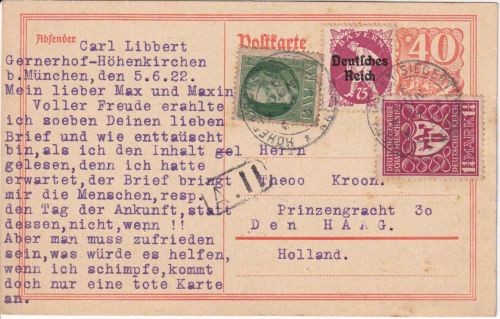 DR-Infla - Höhenkirchen-Siegertsbrunn 6. JUN 22 K2 Ganzsache+Zusatz n. HOLLAND