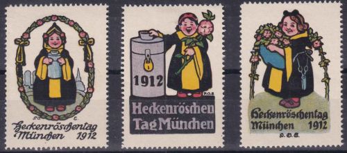 Bayern - München Heckenröschentag 1912 3 versch., farbige Vignetten