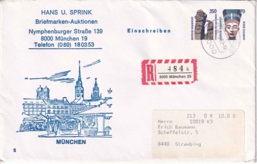 BRD - 350+70 Pfg. SWK Privatganzsache/Einschreibebrief München - Straubing 1992