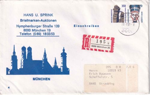 BRD - 350+70 Pfg. SWK Privatganzsache/Einschreibebrief München - Straubing 1991