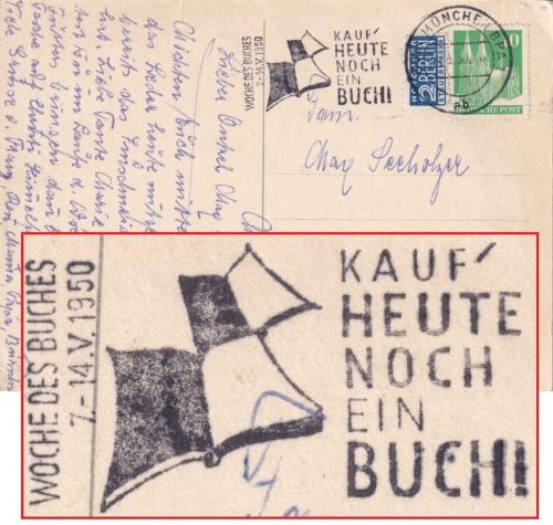 BRD - München 1950 Woche des Buches Masch.werbestempel Karte n. Pasing