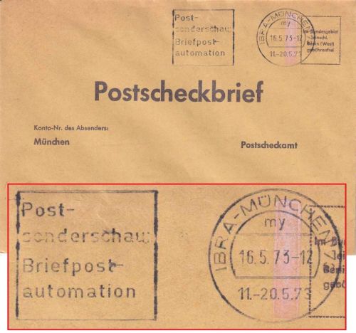 BRD - München 1973 IBRA Briefpostautomation Masch.werbestempel Postscheckbrief