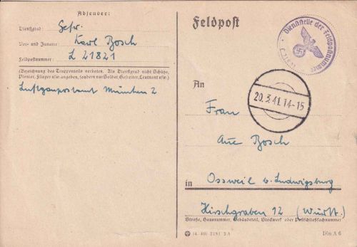 DR - Feldpostkarte L21821 München-Allach n. Ossweil 20.3.41