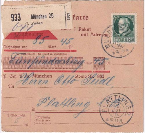 Bayern - 60 Pfg. Ludwig Nachnahme-Paketkarte/Selbstbucher München 25 - 12.7.16