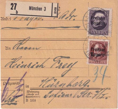 Bayern - 2 M.+50 Pfg. Ludwig/Freistaat Paketkarte München 3 - Nürnberg 8. JAN 20