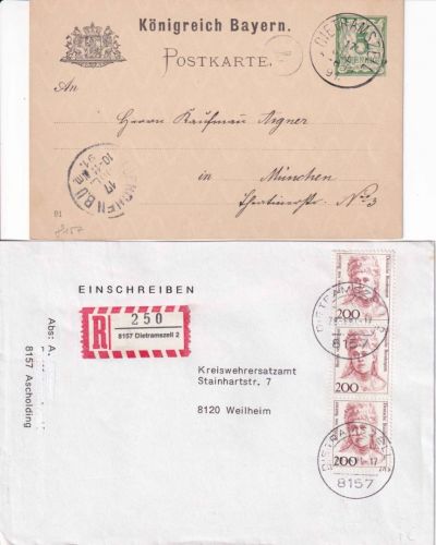 Bayern/BRD - Dietramszell 1891/1991 5 Pfg. Ganzsache/Einschreibebrief-Rsch